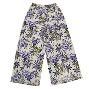 Womens Wide Leg Floral Linen Cropped Pants L Whimsical Fairy Coastal Lightweight